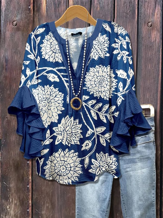 Midnight Petal™ | Navy Botanical Blouse